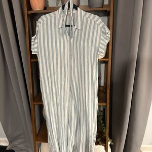 LOFT Blue and White Striped Midi Dress